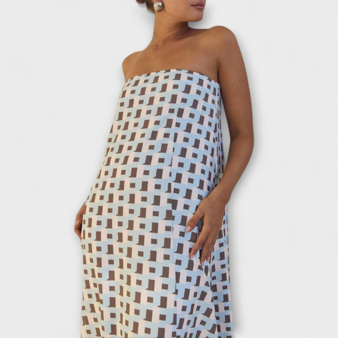 Hasel - Einzigartiges geometrisches Off-Shoulder Maxi-Kleid