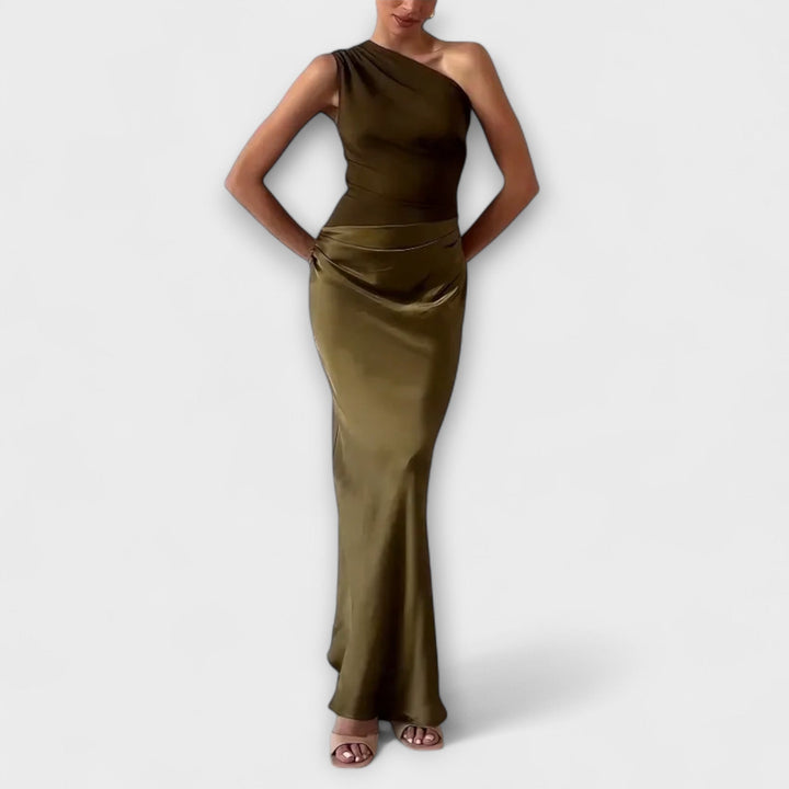 Elegantes Ein-Schulter Falten Maxi Kleid