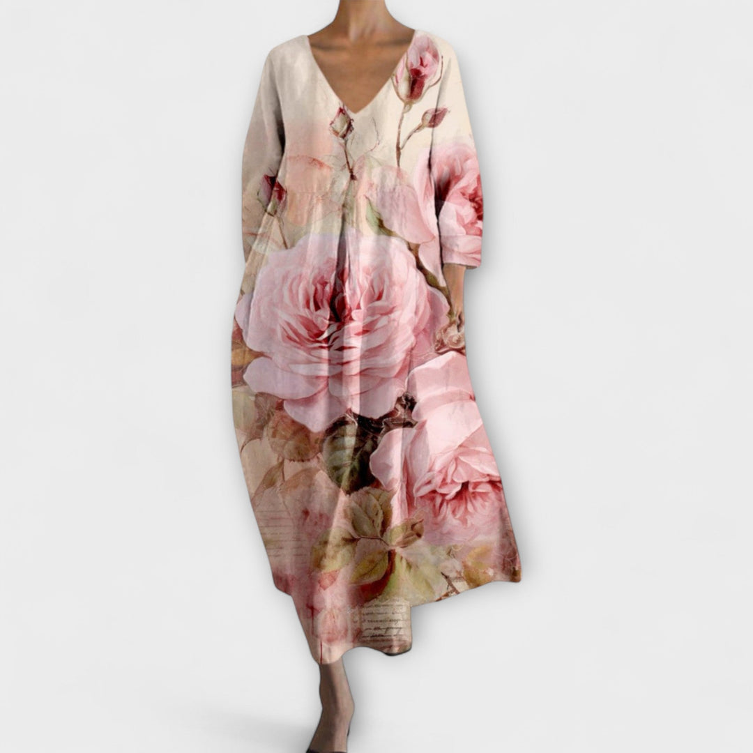 Fiona - Langes, farbenfrohes Kleid mit V-Ausschnitt