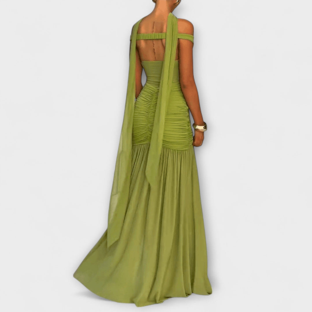 Nicole - Olivfarbenes V-Ausschnitt Maxikleid