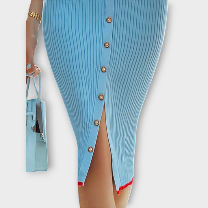 Sina - Schickes Babyblaues Rippstrick-Bleistiftkleid