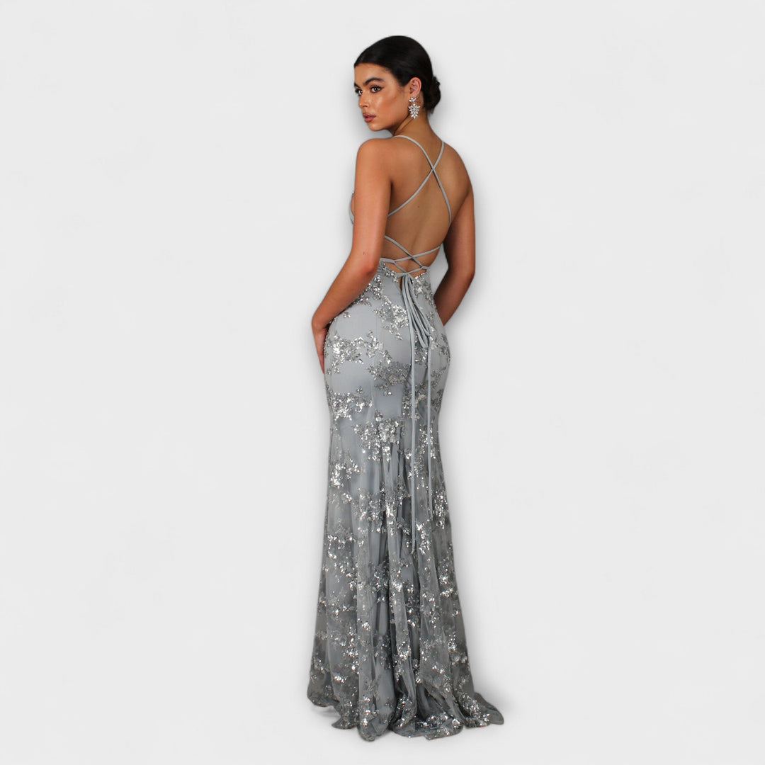 Zayla - Rückenfreies Maxikleid mit Pailletten-V-Ausschnitt