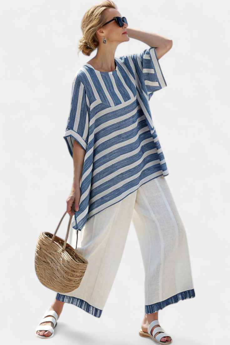 Céline | Blau-weiss gestreiftes Leinen-Set