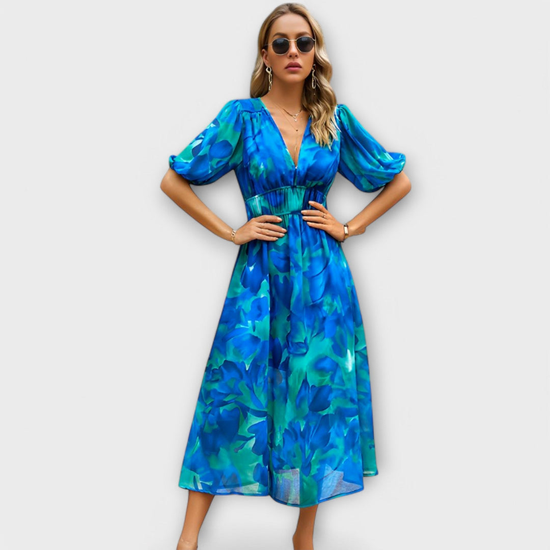 Abstraktes Maxi-Kleid mit Puffärmeln