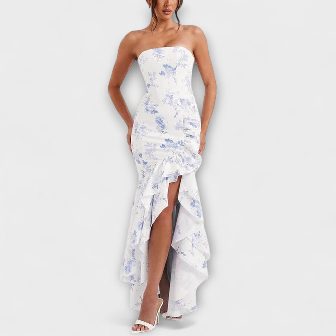 Zuri - Off-Shoulder Slim Fit Maxikleid mit asymmetrischem Saum