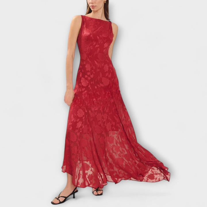 Opal - Elegantes Rückenfreies Schnür-Jacquard-Maxikleid