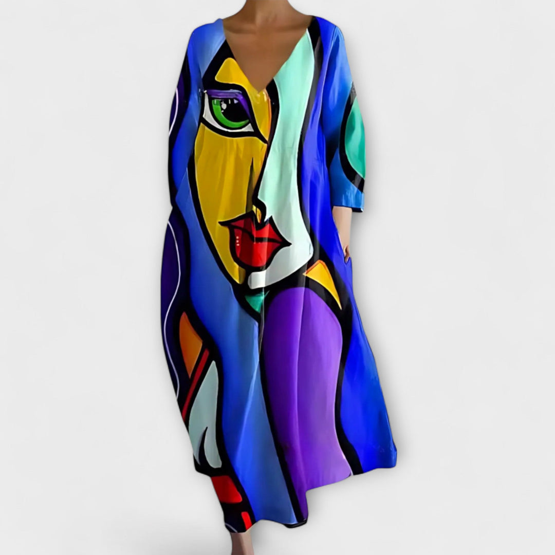 Fiona - Langes, farbenfrohes Kleid mit V-Ausschnitt